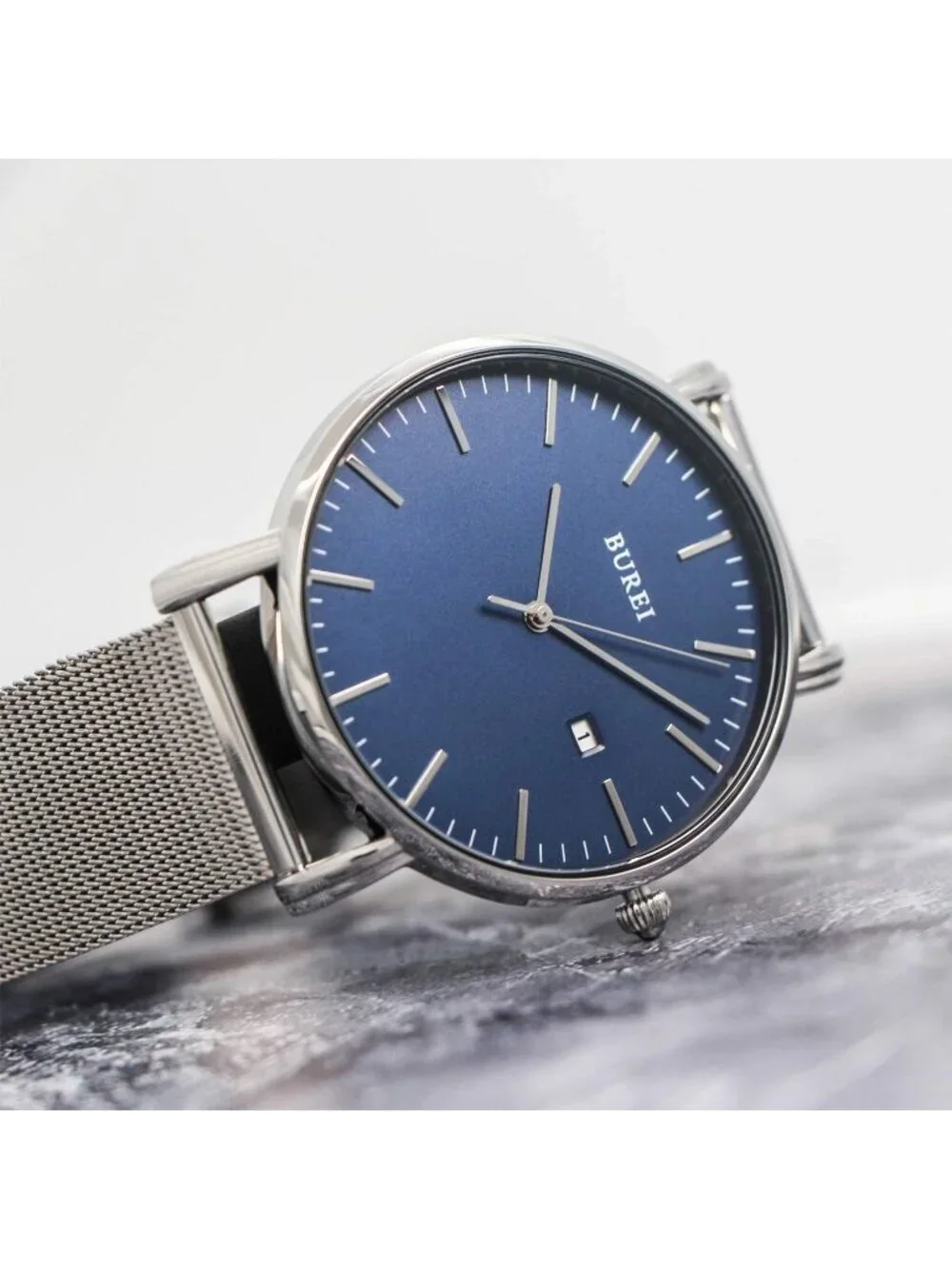 Men's Silver Blue Classic Mesh Strap Minimalist Analog Quartz Waterproof Watch
